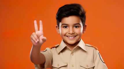 Smiling happy boy showing victory hand gesture.