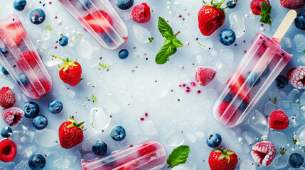 Colorful fruit popsicles surrounded by fresh berries and melting ice on a light surface.