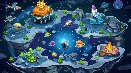 This modern illustration shows a space game level map with spaceships and alien planets in a cartoon 2D landscape. It can be used for computer or mobile arcades with platforms or bonus items.