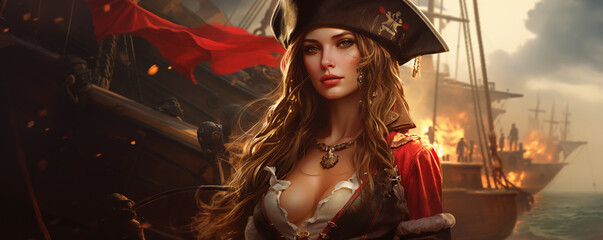 Fototapeta premium Beautiful pirate woman with burning ship in the background, panoramic view, generated ai