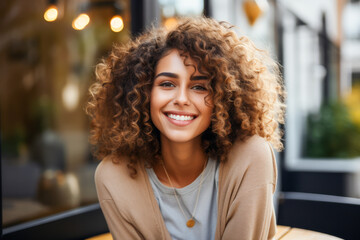 Cheerful Young Woman with Curly Hair Enjoying Time at a Cafe