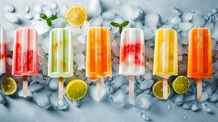 Foto op Plexiglas Variety of colorful popsicles on a bed of ice cubes with fresh citrus slices © Natalia