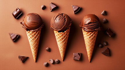 Three chocolate ice cream cones with chocolate pieces on a brown background