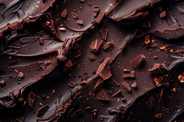 Macro detailed dark chocolate background. Textured, Sweet dessert, chocolate chips backdrop