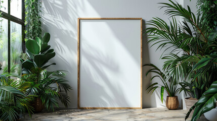 Blank frame mockup surrounded by indoor plants as a fresh and vibrant backdrop for art or photos