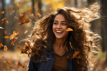 Joyful Young Woman Enjoying Autumn Splendor in the Forest