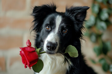 Funny portrait cute puppy dog border collie with a red rose on his lips. Dog with a rose concept