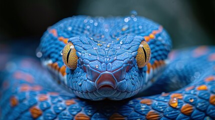 closeup face of blue viper snake with fearsome eyes and striking scales perfect for wildlife photography and stock images of exotic dangerous and venomous reptiles