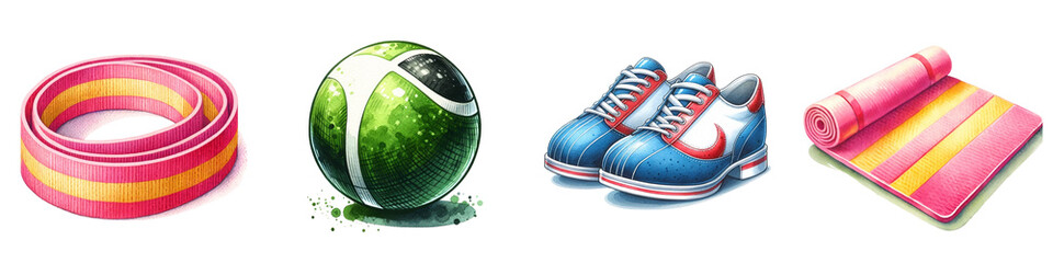 Watercolor sports equipment on white background