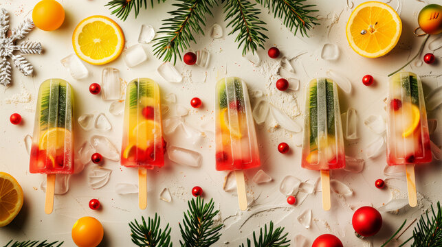 Festive fruit popsicles with ice, citrus slices, and holiday decorations