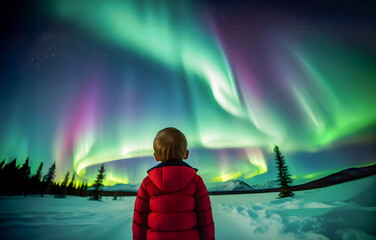 Young boy standing looking at spectacular northern lights aurora borealis in starry night sky. - 782169003