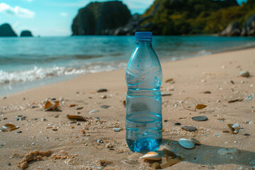 Clear Water Bottle on Sunny Tropical Beach
