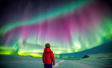 Young boy standing looking at spectacular northern lights aurora borealis in starry night sky. - 782169027