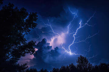 Sky is illuminated by bright lightning during thunderstorms at night AI Generative