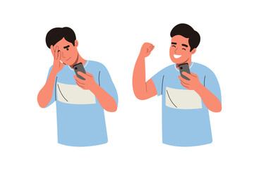 Young man looking in the smartphone and experiences fear, fright, stress. Man shows a positive gesture. Flat style cartoon vector illustration.