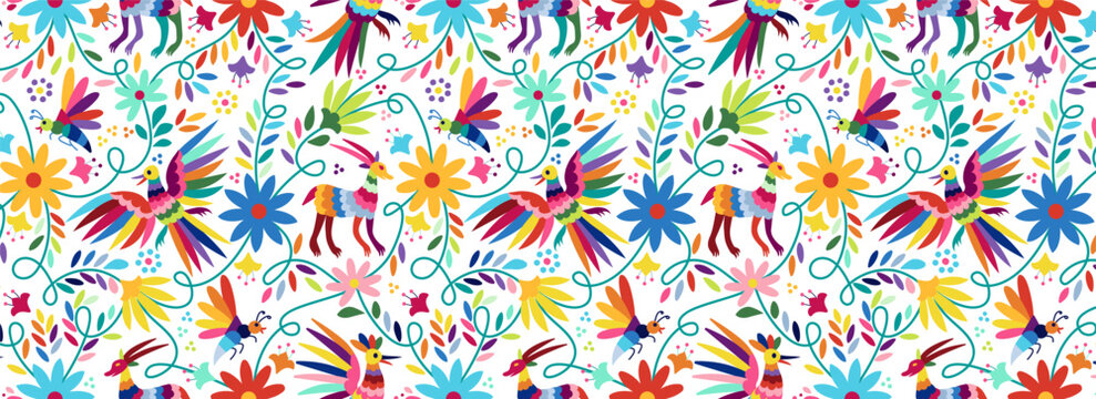 Ornate ethnic Mexican embroidery Otomi. Seamless Pattern with birds, animals and flowers on white background