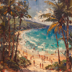 Summer holiday at the beach: sand, sun, blue and white waves, oil painted illustration