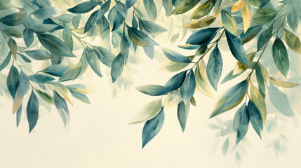 Watercolor painting of olive branches evoking tranquility and the Mediterranean spirit.