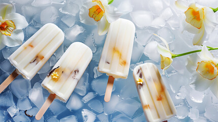 Floral popsicles on ice with orchid flowers creates a refreshing summer concept