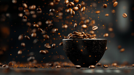 Coffee beans in a black cup, coffee magic Art with golden lights and drops of coffee  scattering on...