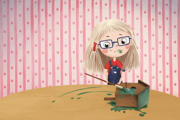 Funny cartoon girl making nesting box. Positive bright illustration about handicraft and pets care isoalted