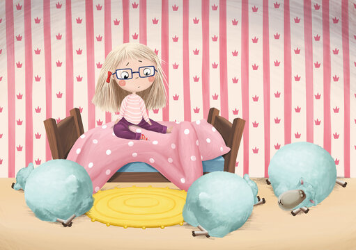 Comic illustration about Insomnia. Little cute girl does not count sheep, because they sleep in bedroom and do not jump