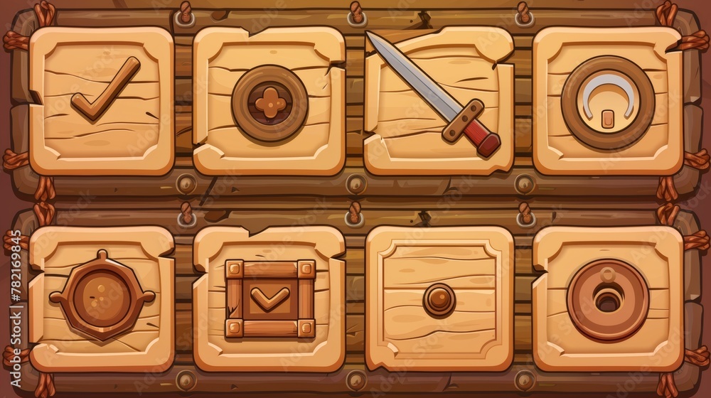 Poster modern cartoon set with brown wood buttons for user interface design in games, video players, or web