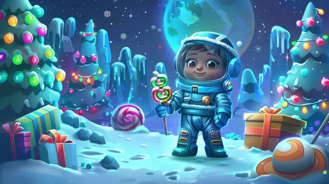 Baby cosmonaut on extraterrestrial planet with sweets and candies. Space party, birthday celebration. Cartoon modern illustration.