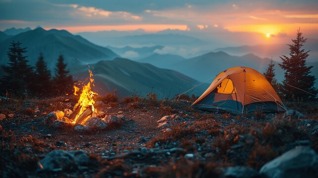 cozy camp fire with a teapot and tent in front of mountains at sunset featuring a travel concept and hobbies showcasing the relaxing outdoor adventure with a scenic and warm evening backdrop