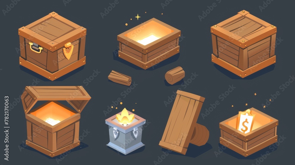 Poster isometric wooden boxes with different signs and magic lights inside. modern cartoon set of open and 
