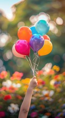 Child's Hand Holding Balloons Amongst Garden Flowers - obrazy, fototapety, plakaty