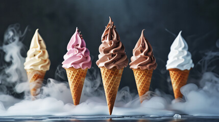 A tantalizing display of five soft serve ice creams with smoke around them