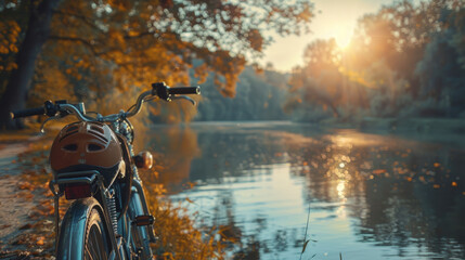 Serene early morning scene at a peaceful lakeside with a bike and helmet symbolizing leisure, relaxation, and adventure waiting to unfold. - obrazy, fototapety, plakaty
