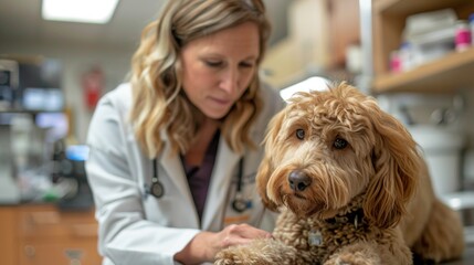 Veterinarian examining a curly-haired dog in a clinical setting.