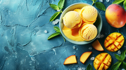 Bowl of mango ice cream with fresh mangoes and mint leaves on a blue background - obrazy, fototapety, plakaty