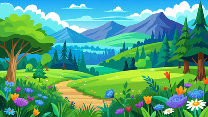 Vector summer landscape green meadow with blue sky. Colorful wild flowers blooming. Artistic drawing with green forest and natural flora.