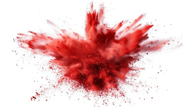 Authentic chili pepper powder splash, spicy burst, dust or red color explosion on white background. Chilli or paprika spice splatters, paint clouds on white backdrop.