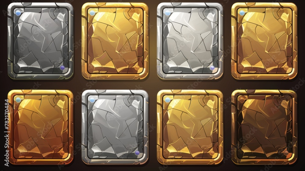 Poster isolated icon set with square ui game frames and textured medieval borders made from gold, silver, o