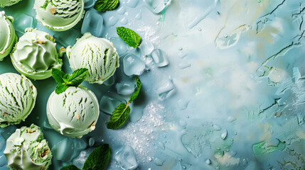 Scoops of mint ice cream with fresh mint leaves and ice cubes on a blue background. - obrazy, fototapety, plakaty