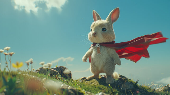 Imaginative illustration of a cute bunny as a superhero standing on a hill with cape fluttering against a clear sky.