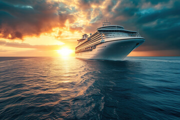 During sunset, large, contemporary cruise ship floats on ripple surface waves of ocean in beautiful manner AI Generative - obrazy, fototapety, plakaty