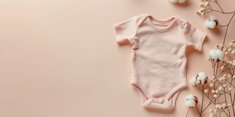 Baby girl clothes on pink pastel background. Fashion newborn clothes. Flat lay, top view. Copy space. Baby kids cotton clothing set. Infant bodysuit made of organic eco friendly cotton. Gender neutral