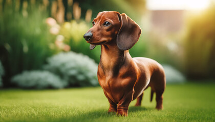 A dachshund with a sleek, shiny reddish-brown coat standing on a green lawn. The dog is looking to the side with alert