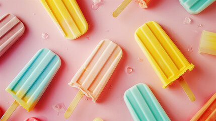 Colorful popsicles with melting drops on a pink background