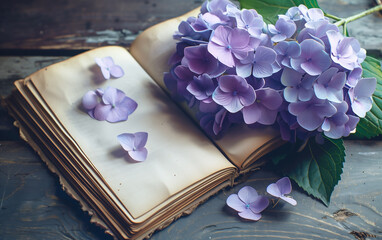 Purple hydrangea laying next to an open vintage notebook with copy space.	