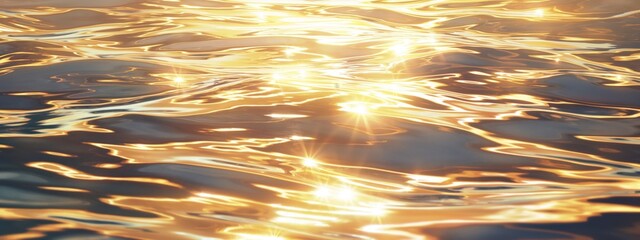A serene picture of the water surface reflecting the golden sunlight with light ripples and waves, background
