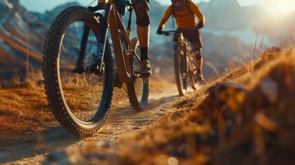 Close-up of a mountain biker riding on a dirt road in the mountains - obrazy, fototapety, plakaty