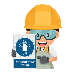 Industrial worker with mandatory sign use protective apron to avoid being struck by objects or coming into contact with substances or materials. Industrial safety and occupational health at work