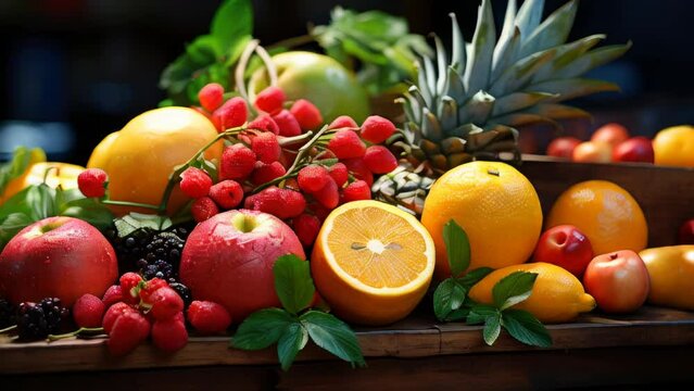 Large plate of assorted fruits with natural eco fruits, vegetables and herbs