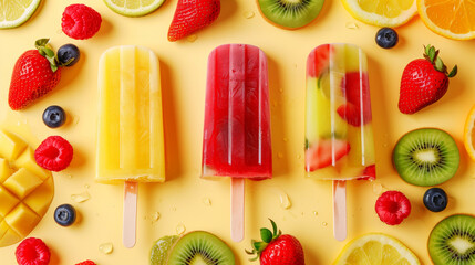 Colorful fruit popsicles surrounded by assorted fresh fruits on a yellow background